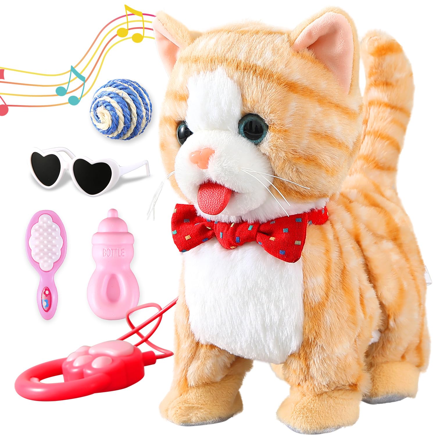 Pattern Yellow Leash Walking Cat Set Interactive Talking Cat Singing Dancing Kitten Mimicking Repeat What You Say Kitty Touch and Voice Control Nodding Wagging Tail Plush Electric Kitty for Kid Girl — image 1