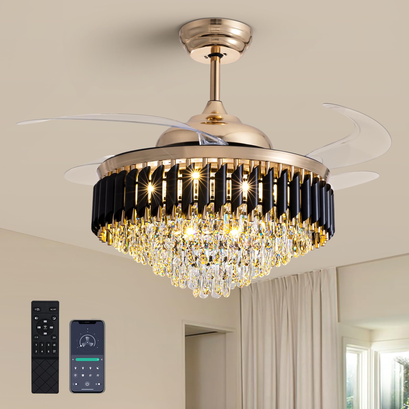 Photo 1 of ***used misssing parts*****    Moooni 52" Large Luxury Crystal Ceiling Fan with Light and Remote Control, Crystal Chandelier Fan LED Dimmable, Modern Retractable Invisible Ceiling Fan for Living Room Dining Room Foyer Hotel