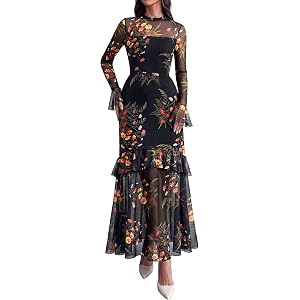 BTFBM Elegant Wedding Guest Dress Long Sleeve Maxi Dresses for Women | Bell Sleeves,Crew Neck,Floral,Mesh,Tiered Ruffle,Fashi