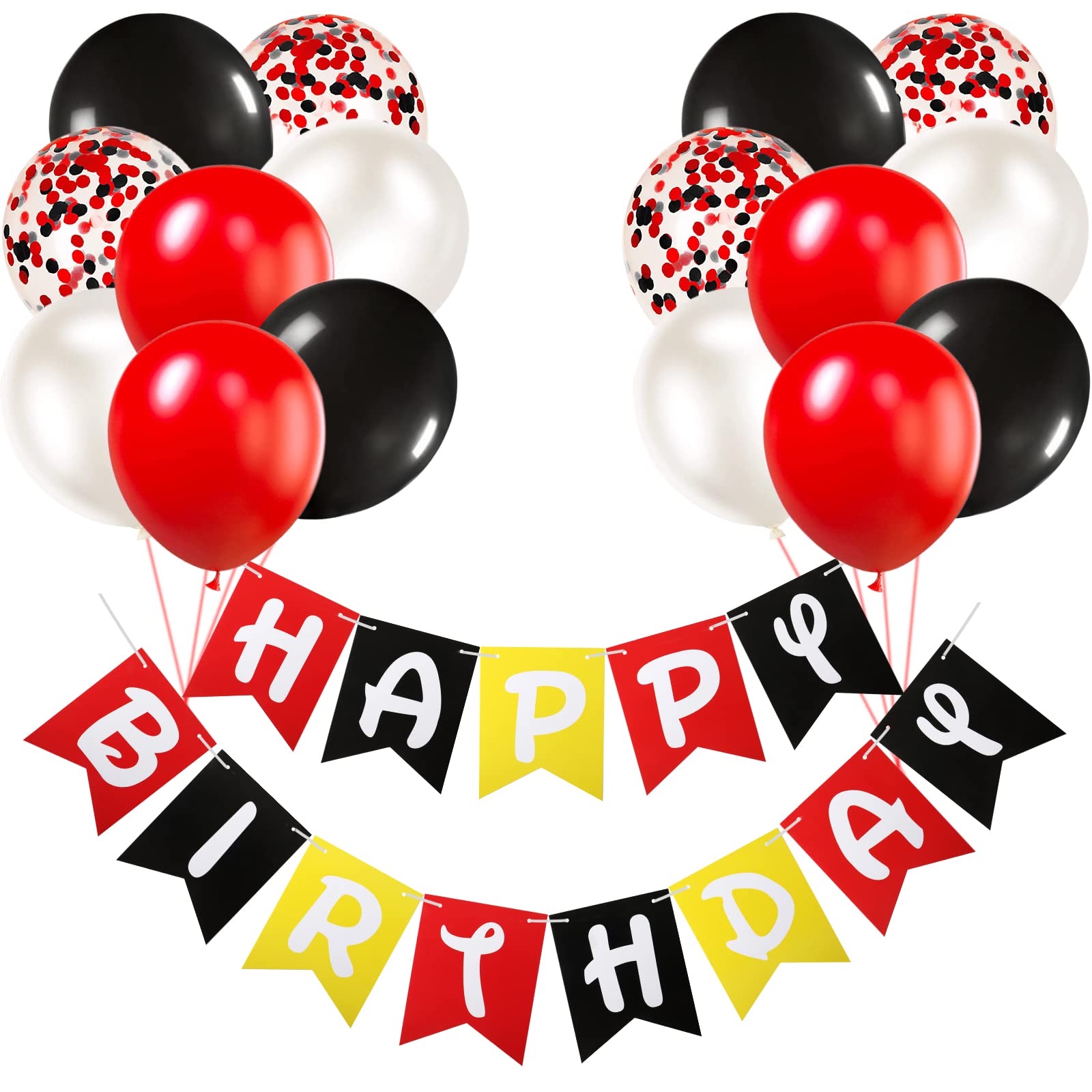 Happy Birthday Banner Bunting Party Decorations Black Red Balloons Confetti Latex Balloon Party Banners for Boys Girls Birthday