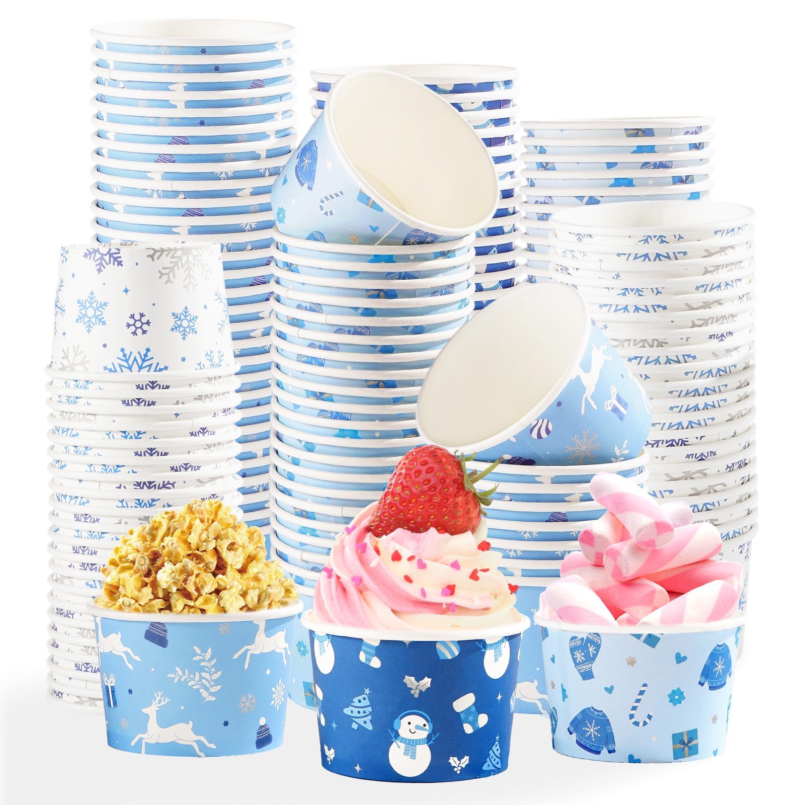 Photo 1 of 120 Pcs Winter Blue Ice Cream Cups 12 oz Disposable Snowflake Snowman Elk Gift Paper Dessert Snack Bowls Winter Food Yogurt Containers for Hot or Cold Food Soup Candies Xmas Holiday Party Supplies