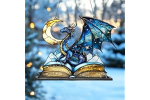 GIKZO Dragon Moon Book Bookworm Acrylic Suncatcher Stained Glass Effect Window Car Hanging Christmas Ornament Indoor Outdoor Decor Garden Bookish Sun Catcher Book Lover for Women Mom Grandma