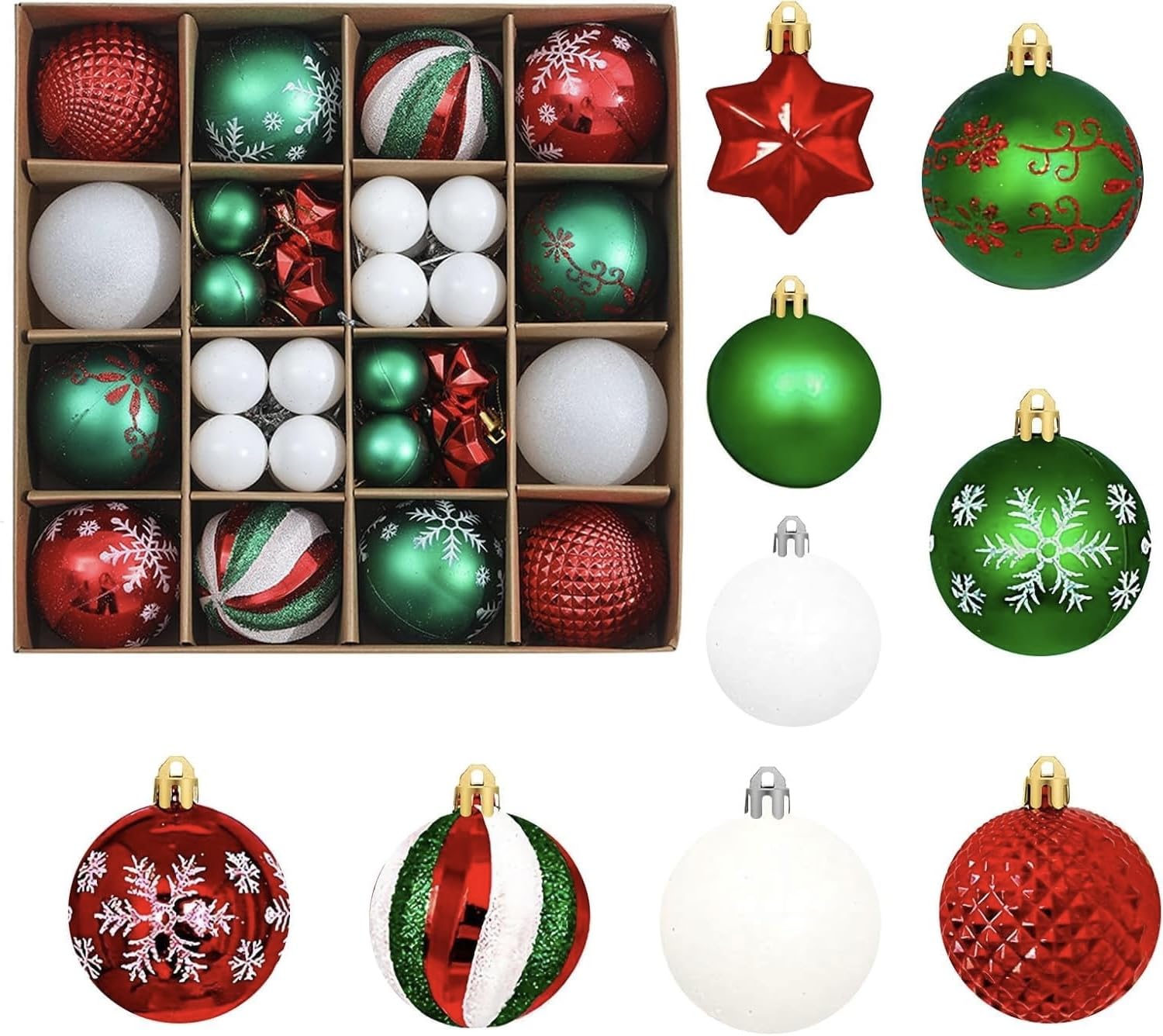 Xmas Baubles, 42pcs Red Green and White Christmas Tree Baubles Christmas Hanging Ball Ornaments Decor Xmas Tree Decorations Shatterproof Balls Seasonal Decorative Winter Holiday Party Home