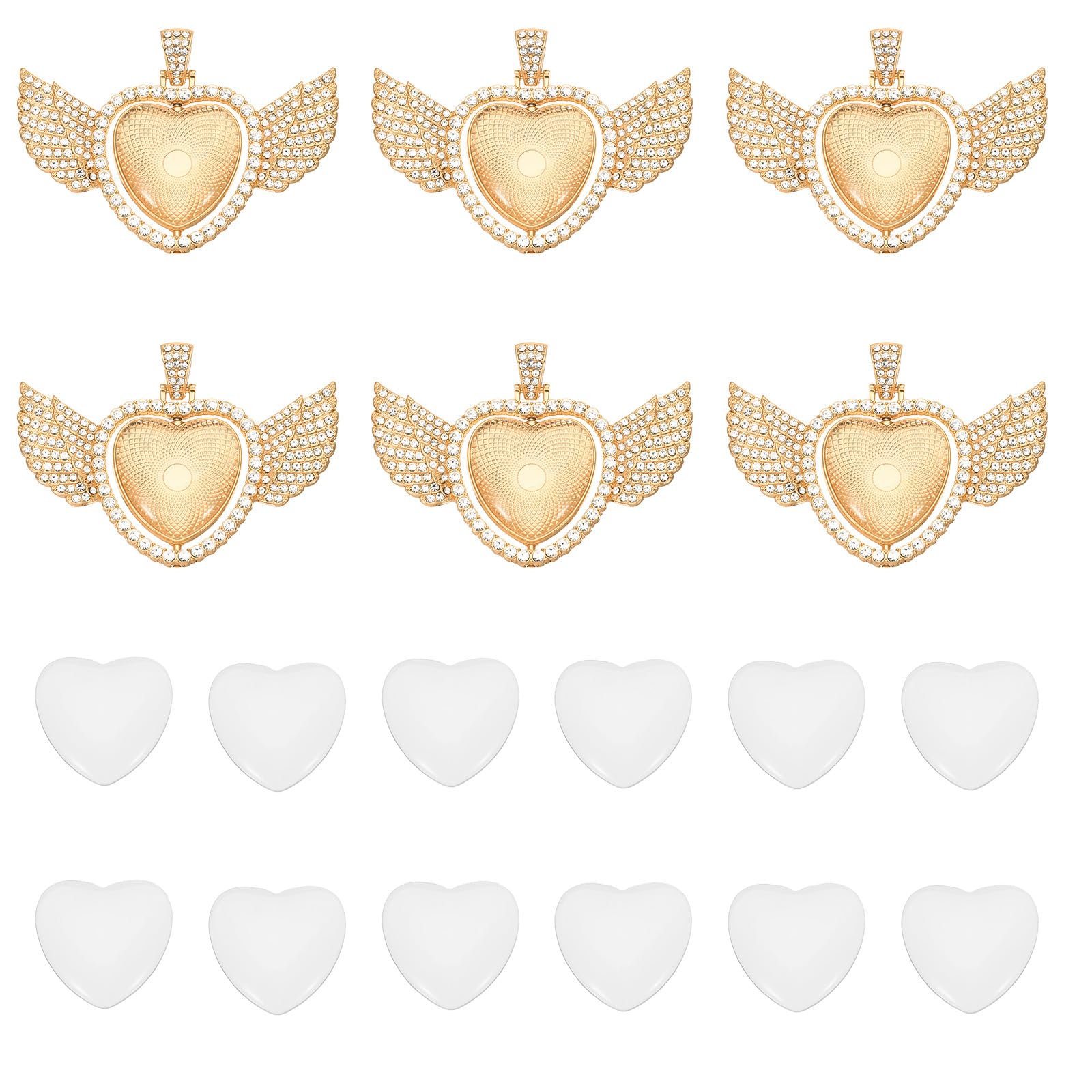 PATIKIL 1" Blank Picture Pendants, 6Pcs Metal Wing Heart Rhinestone Bezel Pendant Trays with 12Pcs Glass Discs for Photo Pendants DIY Crafts Making, Light Gold