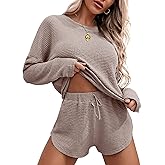 Ekouaer Womens Waffle Knit Pajama Sets Long Sleeve Top and Shorts Matching Lounge Set Loungewear Sweatsuit with Pockets