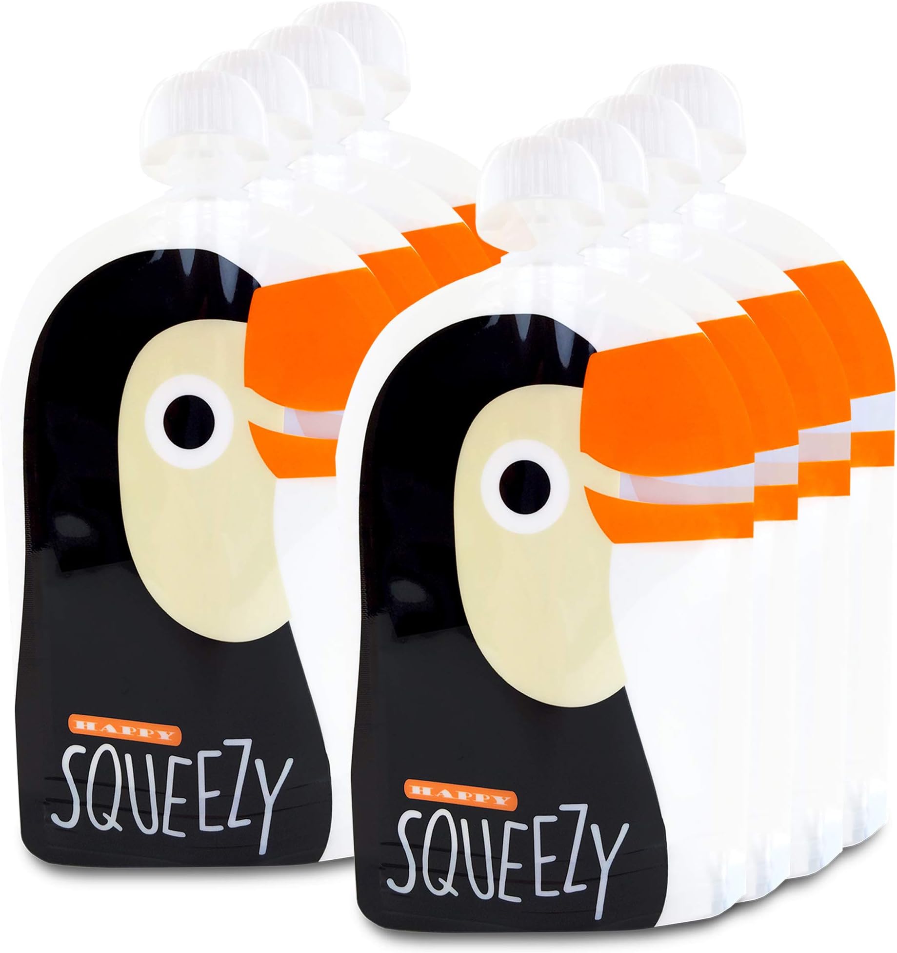 Happy Squeezy Reusable Food Pouch (8 Pack) - Perfect for Homemade Smoothies, Baby Food, Pureed Fruit, Yoghurt, 170ml, BPA Free, No Leaking