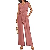 PRETTYGARDEN Summer Outfits 2025 Wide Leg Jumpsuits for Women Casual V Neck Sleeveless Belted High Waist Long Pants Rompers