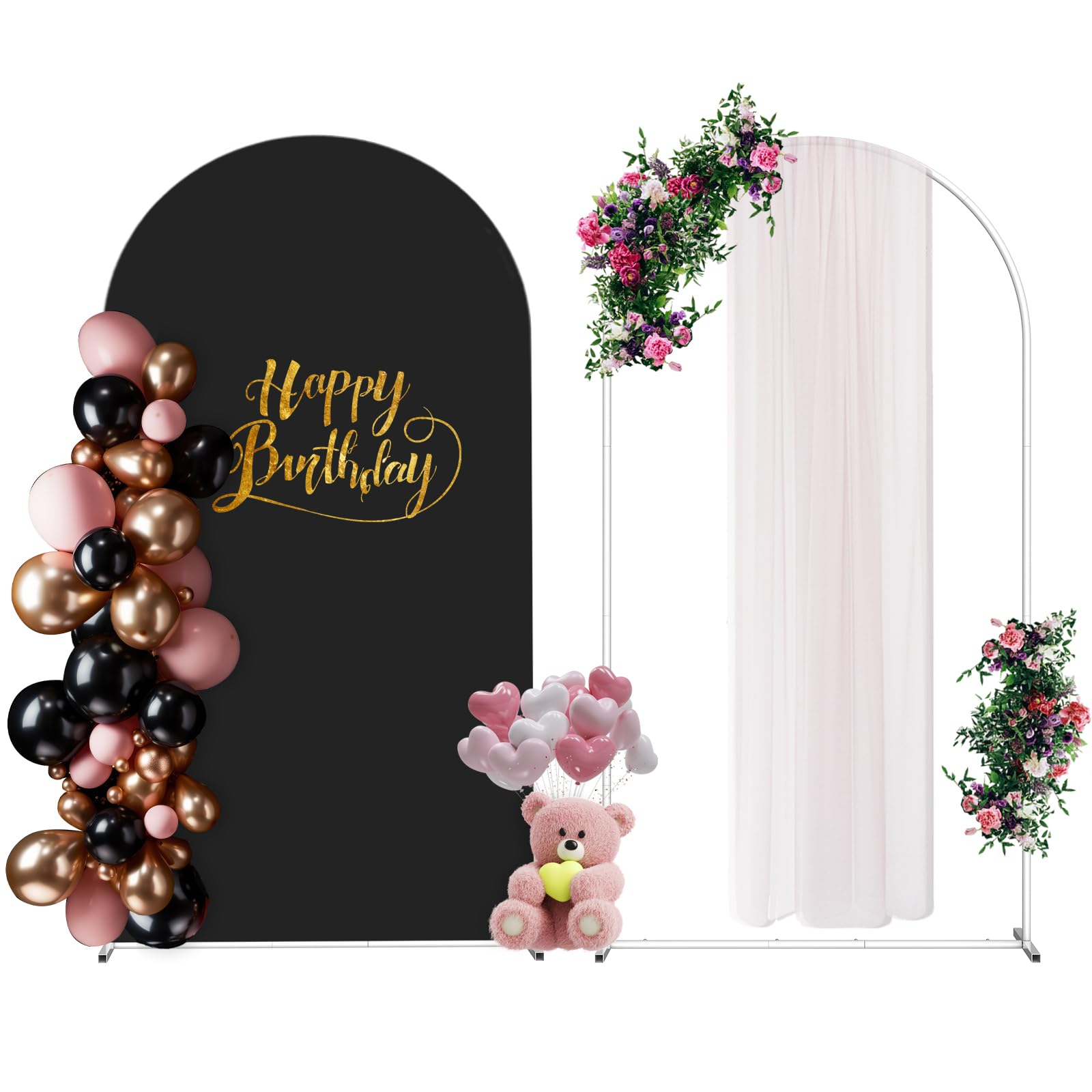 Photo 1 of Arch Backdrop Stand with Black Wedding Arch Cover Spandex, 6.6 FT Metal Balloon Arch Stand and Arch Cover Backdrop Fabrict for Gender Reveal Party,Ceremony Baby Shower Bridal Decoration Birthday
