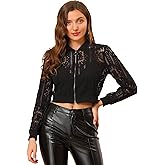 Allegra K Women's Crop Jacket Stand Collar Zip Up Sexy Sheer Gothic Lace Lightweight Baseball Jacket
