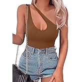 SAUNGKUAI Women's Sexy One Shoulder Sleeveless Cutout Thong Bodysuit Tank Top Body Suits V Backless Tummy Control Shapewear