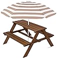 Best Choice Products Kids Wooden Picnic Table, Outdoor Activity & Dining Table w/Adjustable Collapsible Umbrella, Built-in Seats - Walnut/Beige