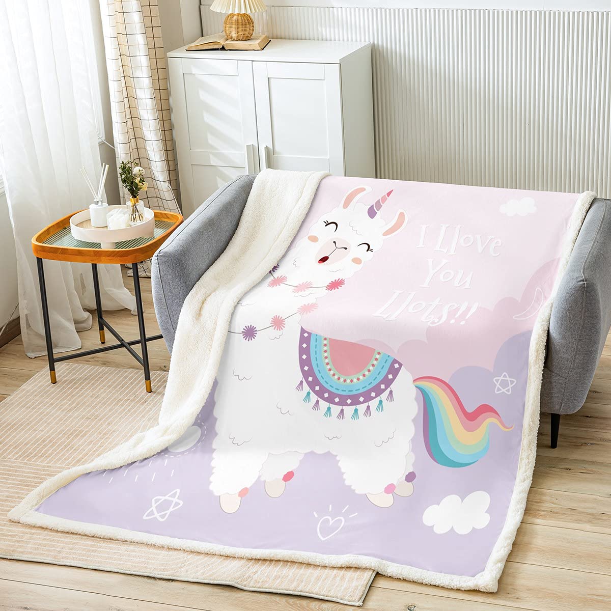 Loussiesd Llama Fleece Throw Blanket Cartoon Alpaca Print Sherpa Blanket for Kids Boys Girls Cute Llama Alpaca Rainbow Plush Blanket Fantasty Animal Fuzzy Blanket for Sofa Bed Couch Baby 30x40 Inch