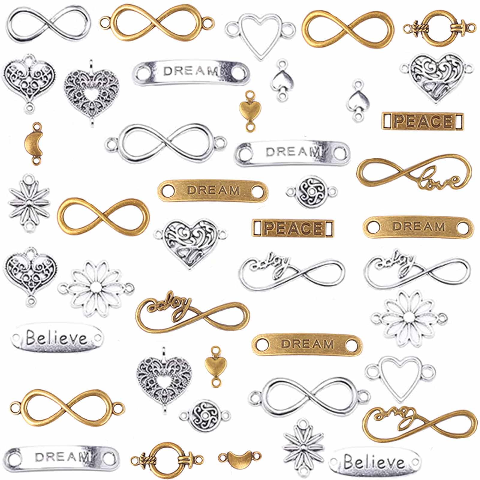 HERZWILD 50 pcs Infinity Sign Heart Jewellery Connector Metal Mixed Charms Pendant Set DIY Crafts. (mix-lianjiediaozhui)