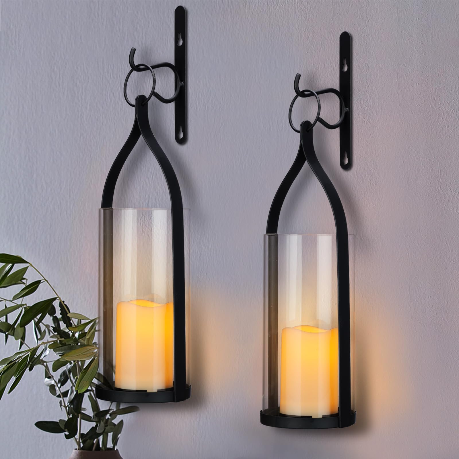Photo 1 of Metal Wall Sconce Candle Lantern Set of 2 - Black Wall Mounted Hanging Holder with Glass & Candles Vintage Wall Decor for Porch, Living Room, Dining Room, Bedroom Indoor Decor