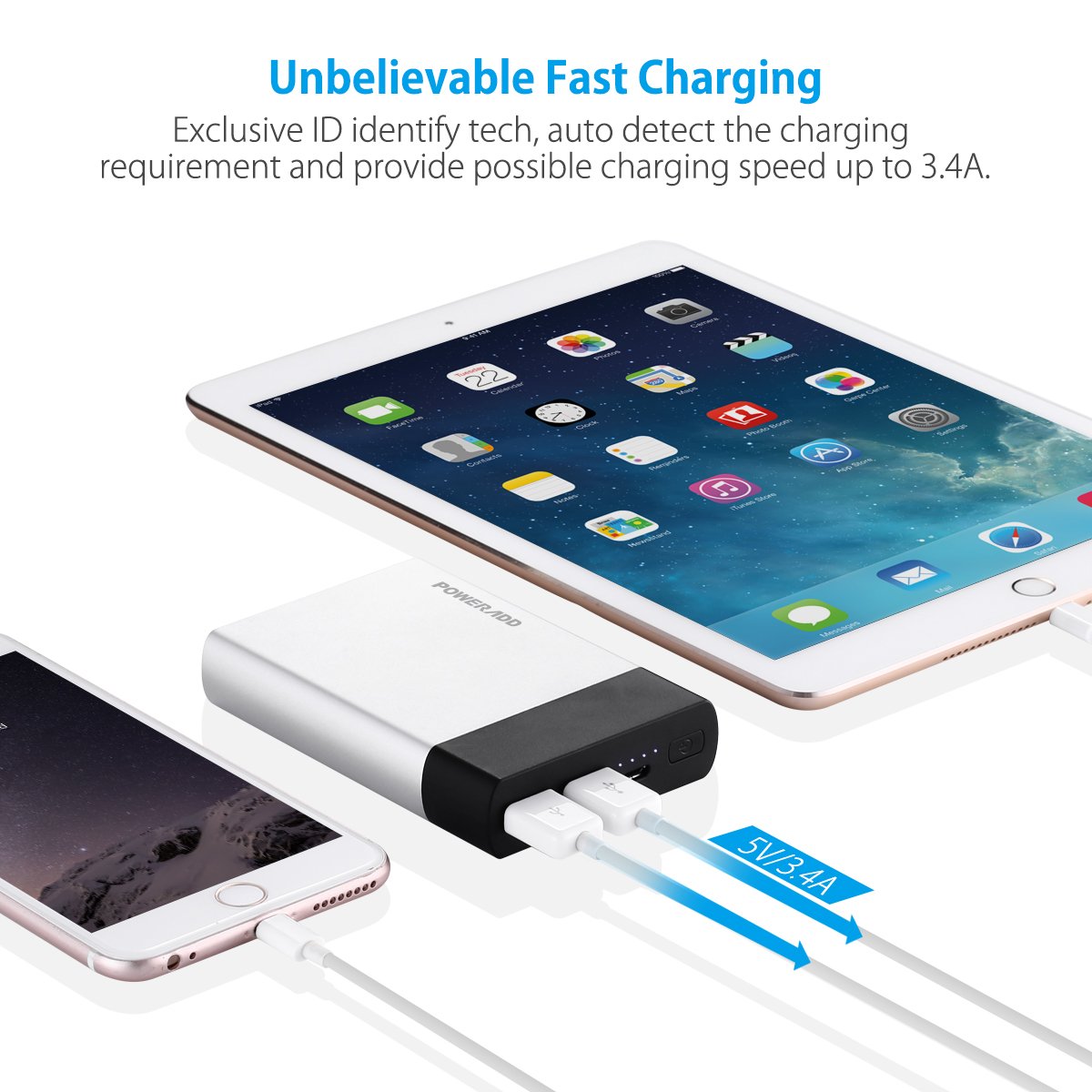 Poweradd Portable Charger Pilot 5G 10000mAh External SANYO Battery Cell 3.4A Charger Pack with Smart Charge for iPhone, iPad, Samsung Galaxy Note and More - Silver