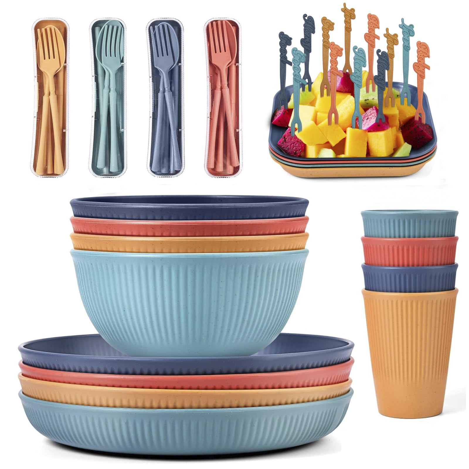 RHM 48Pcs Dinner Set for 4 - Camping Picnic Plates Bowls and Cutlery Set - Unbreakable Tableware - Microwave & Dishwasher Safe - Perfect for Camping, Picnic, RV, Dorm