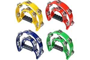 HLMOptimo Double Row Tambourine, Half-Moon Musical Tambourine Hand Held for Kids, Adults, Party, KTV 4 colors (9 inch, Pack of 4)