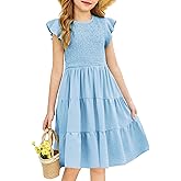 Arshiner Girls Summer Flutter Short Sleeve Sundress Smocked Elastic Waist Tiered Midi Dress with Pockets