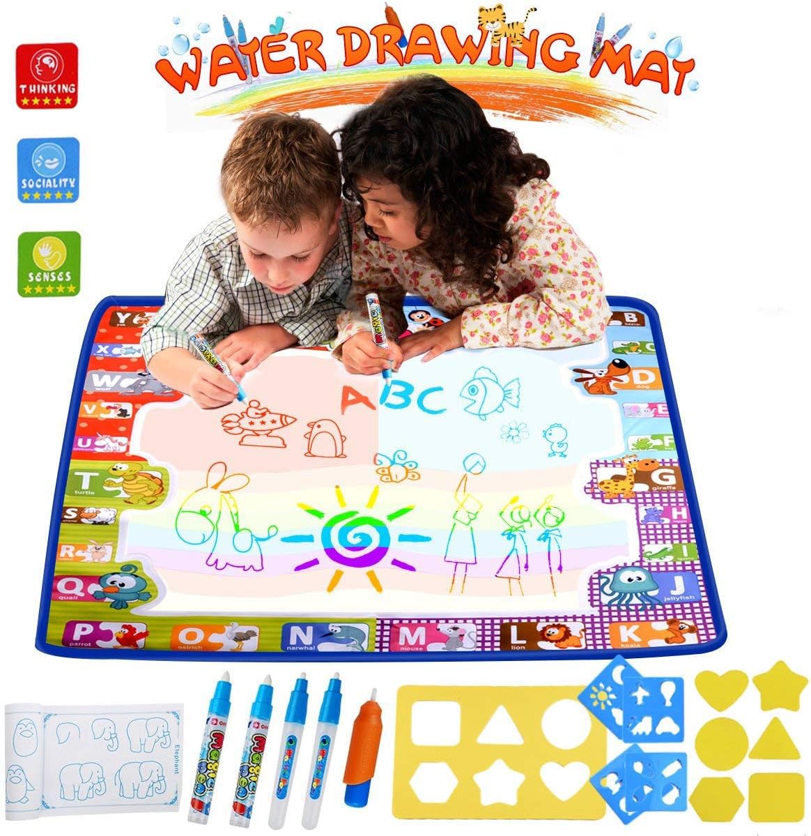 HUALEDI [Large Size Doodle mats,Magic Mat, Water Drawing Doodle mat Toddler,Doodle mats in 6 Colors [More Tool] 4 Magic Pens 1 Brush[30X30 in]
