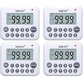XREXS Digital Kitchen Timer Magnetic Countdown Up Cooking Timer | with Magnet Back and Clip, Loud Alarm, Large Display Minutes and Seconds Directly Input-White (2 Battery Included) (4 Pcs)