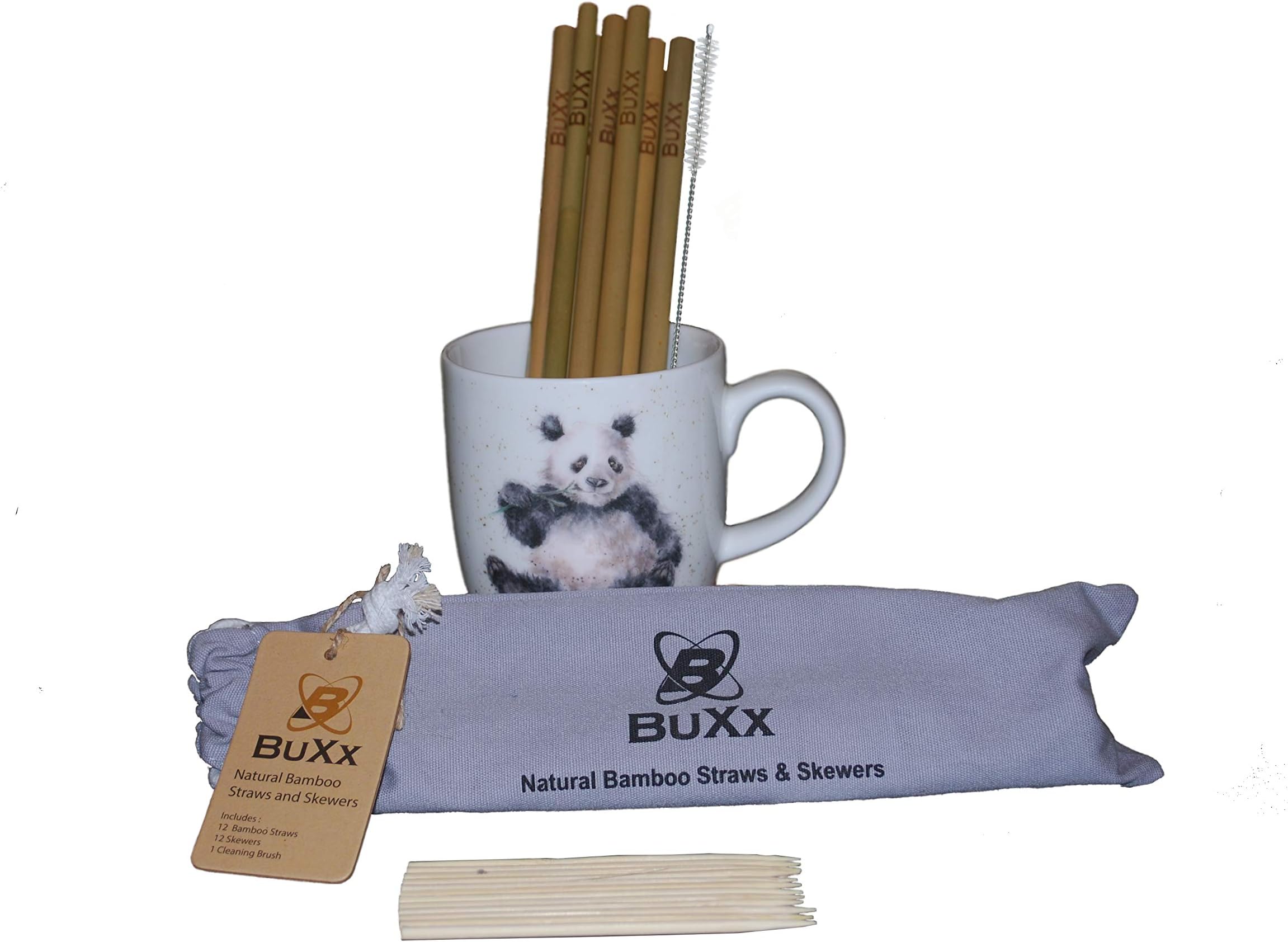 BuXx Reusable Bamboo Drinking Straws - 12 Premium Highly Polished Eco Straws with Skewers/Biodegradable with Cleaning Brush & Cotton Pouch/Cocktails/Hot/Cold Drinks/Smoothies/Eco Friendly/BPA Free
