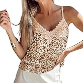 Clispiy Women Sequin Sparkle Sleeveless Camisole Top with Lace Spaghetti Strap Glitter Shirts