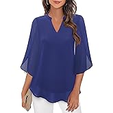 Bebonnie Womens Tops Dressy Casual Ruffle 3/4 Sleeve V Neck Double Layers Chiffon Blouses Tops