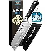 Cutluxe Santoku Knife – 7" Chopping Knife, Vegetable Knife – Forged High Carbon German Steel, Sheath Included, Full Tang, Raz