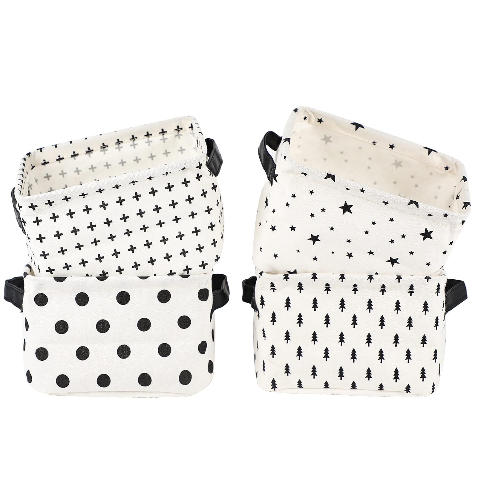 LessMo 4 Pack Storage Baskets, Collapsible Mini Storage Boxes, Canvas Fabric Waterproof Storage Bins made from Cotton and Linen, for Toys, Bathroom, Closets, Playroom (BLACK-SPOT, Thin/waterproof)