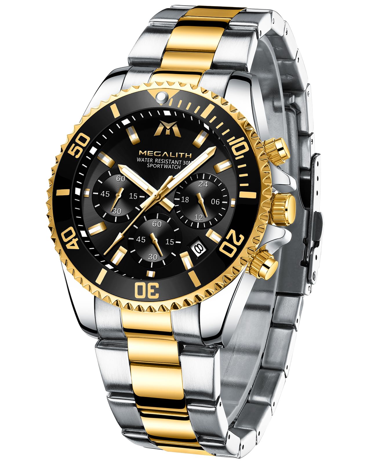 MEGALITH Mens Watches Chronograph Gold: Stainless Steel Watches for Men Designer - Black Face Wrist Watch Waterproof Analogue Dress Luminous Date