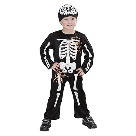 WIDMANN 4994K - Costume da scheletro Bambino, tuta e copricapo assortiti, 98/104 cm