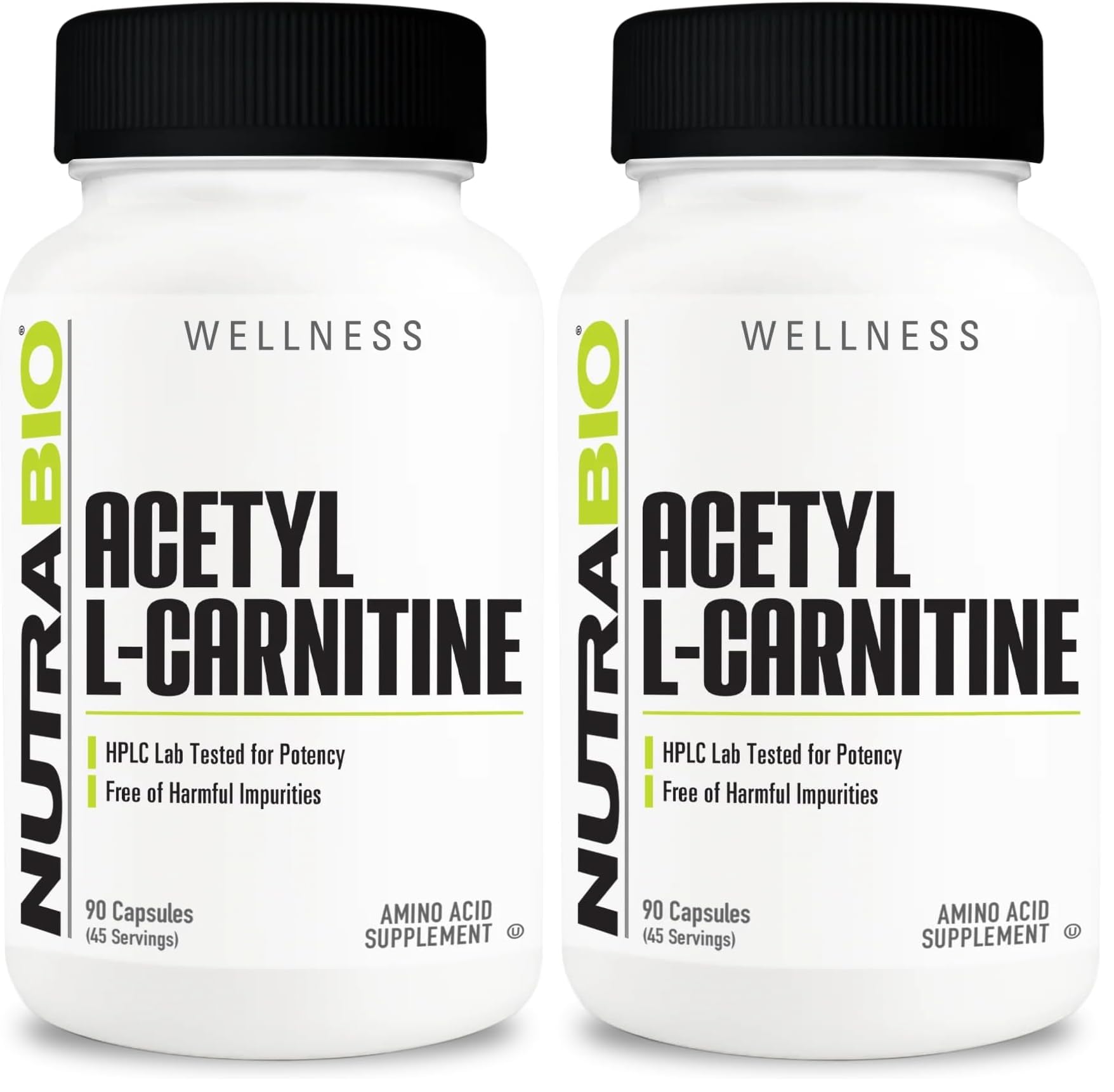 NutraBio Acetyl L-Carnitine (ALCAR) Supplement, 500mg - Support Natural Energy Production, Metabolic Management, and Overall Health, 90 Capsules (Pack of 2)