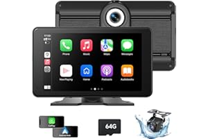NINEYIN Portable Wireless Carplay Screen for Car, 7 Inch HD A-pple CarPlay & Android Auto Touchscreen with 4K Dash Cam, 1080P Backup Camera/Mirror Link/Siri/Bluetooth/GPS Navigation