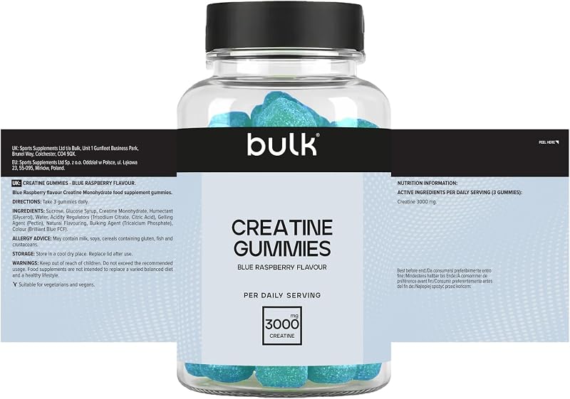 Bulk Creatine Gummies | 60 Blue Raspberry Flavour Gummies | 3g Creatine Monohydrate per Serving | Convenient & Easy to Take Daily Supplement