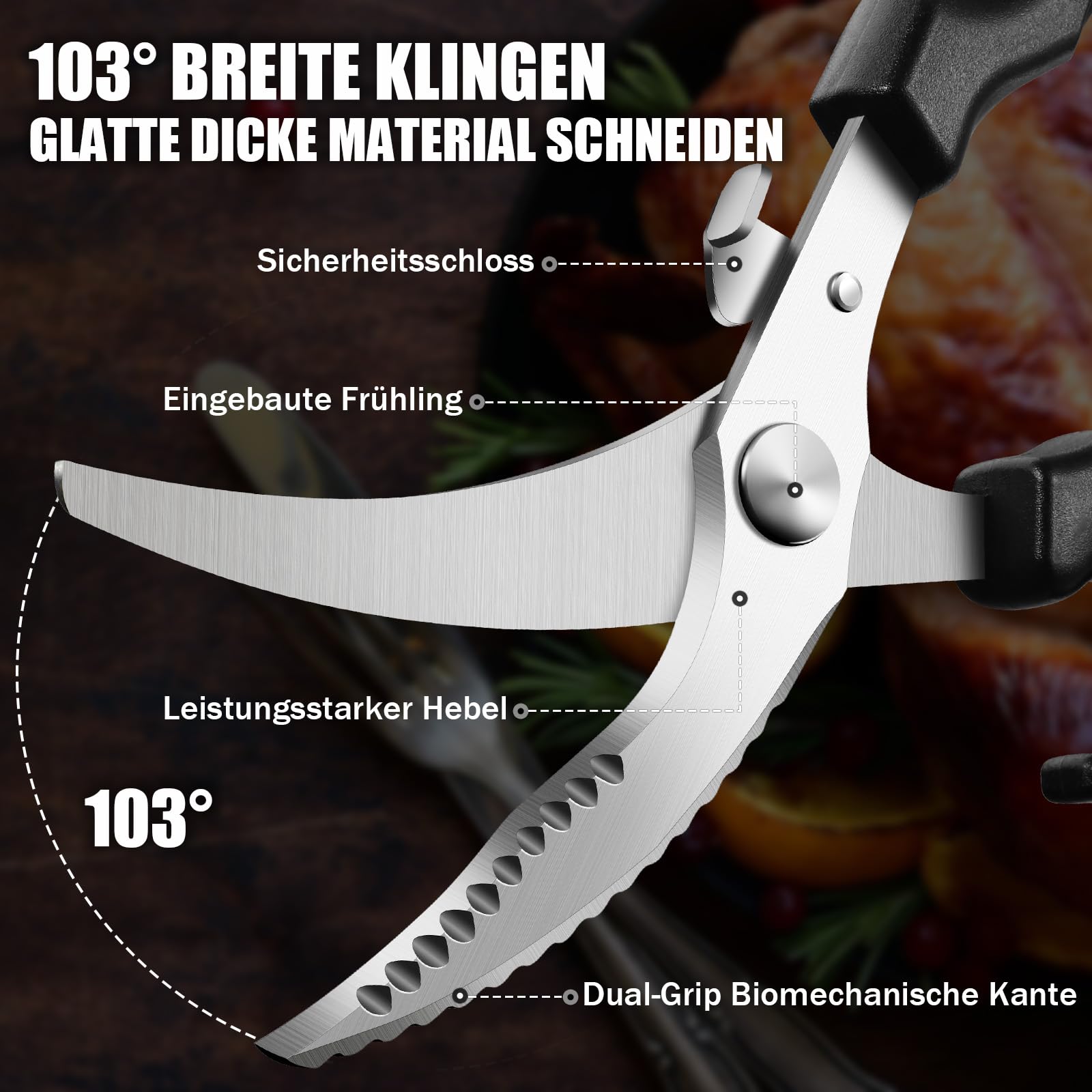 PURPLE BIRD GK02 Geflügelschere Küchenschere Profi, 4mm Edelstahl fleischschere mit Sicherheitsschloss & Federbelastung, 103° Schneidwinkel für Fleisch, Gemüse und Knochen, Rutschfester Griff 4
