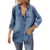 Runcati Womens Button Down Denim Shirt Long Sleeve Roll Up Casual Oversized Jean Shirt Jacket Distressed Tunic Tops