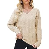 Women Sweater Chunky Cable Knit V Neck Long Sleeve Winter Thick Diamond Sweaters Loose Solid Jumper Pullover