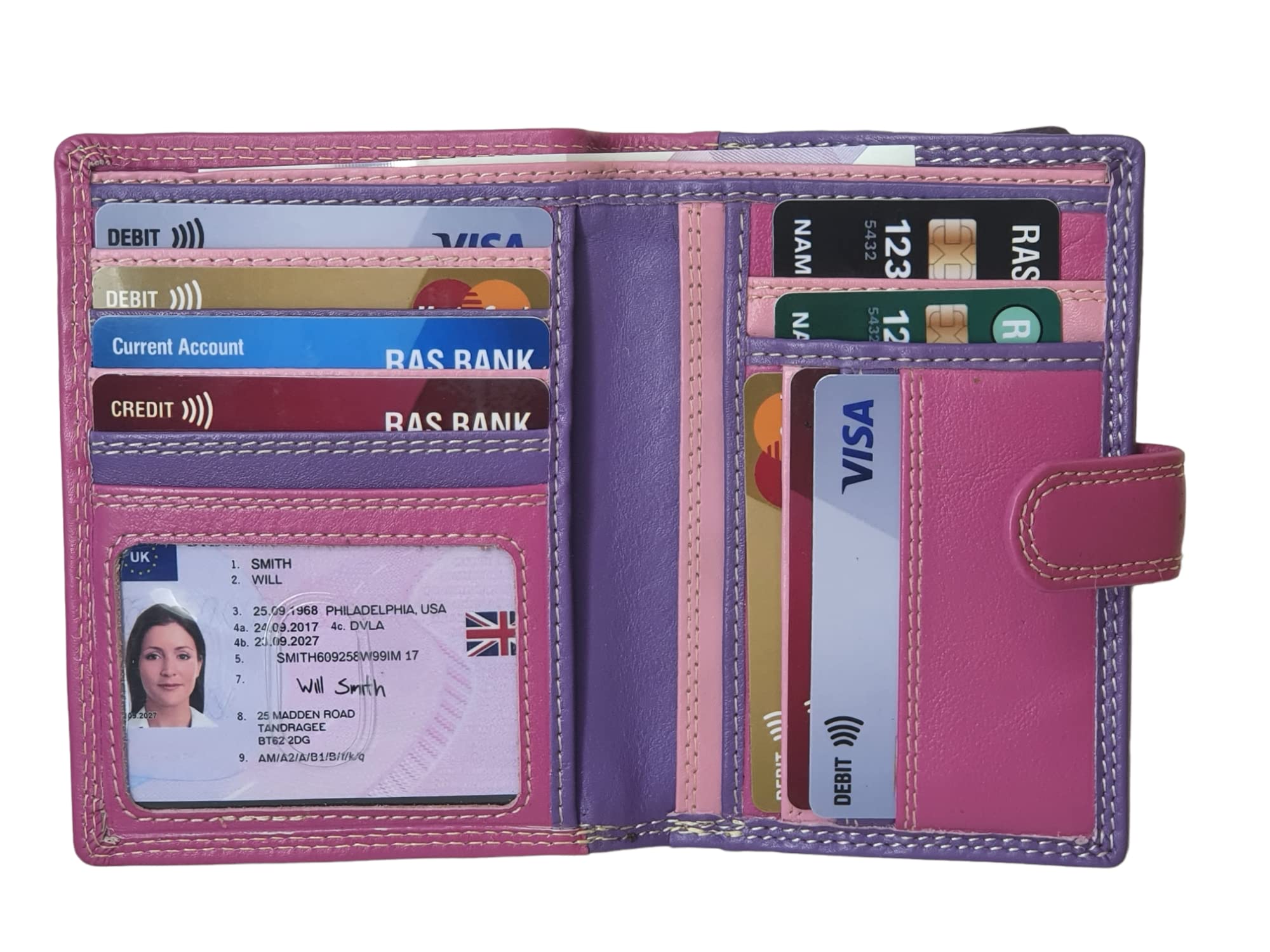 STARHIDE Multicoloured Womens Purse, RFID Blocking Compact Wallet with Extra Card Capacity, Soft Genuine Leather Medium Purse with Zip Around Coin Pocket 5535 (Fuchsia/Multi)