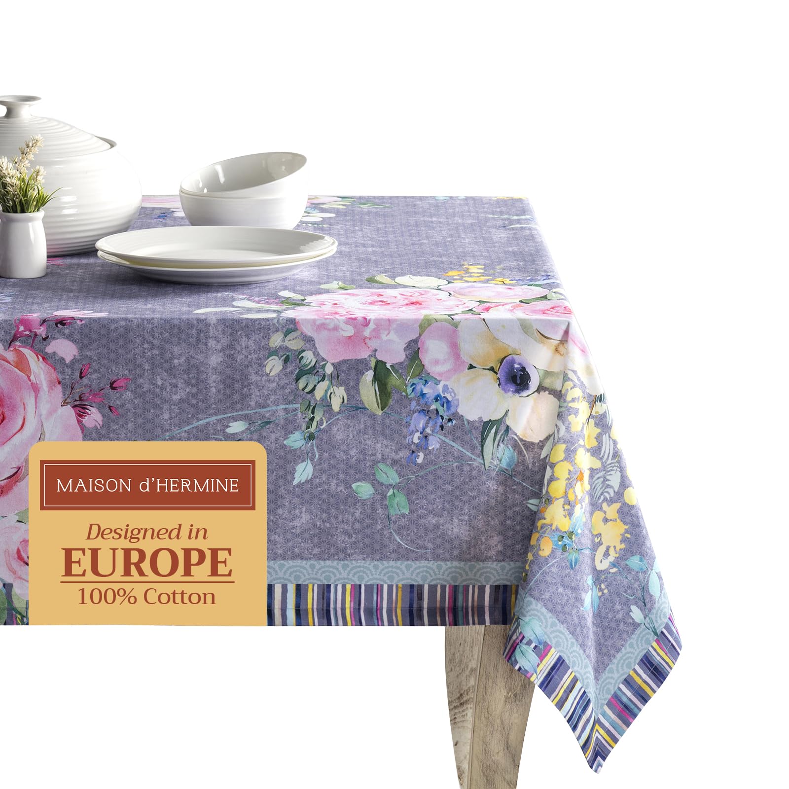 Maison d' Hermine Table Cloth Rectangle Table 100% Cotton 230 cm x 140 cm Tablecloth Reusable Everyday Use for Dining Home Party Festive Gifts for Mothers Day (Sweet Rose Lavender - Lush Lavender)
