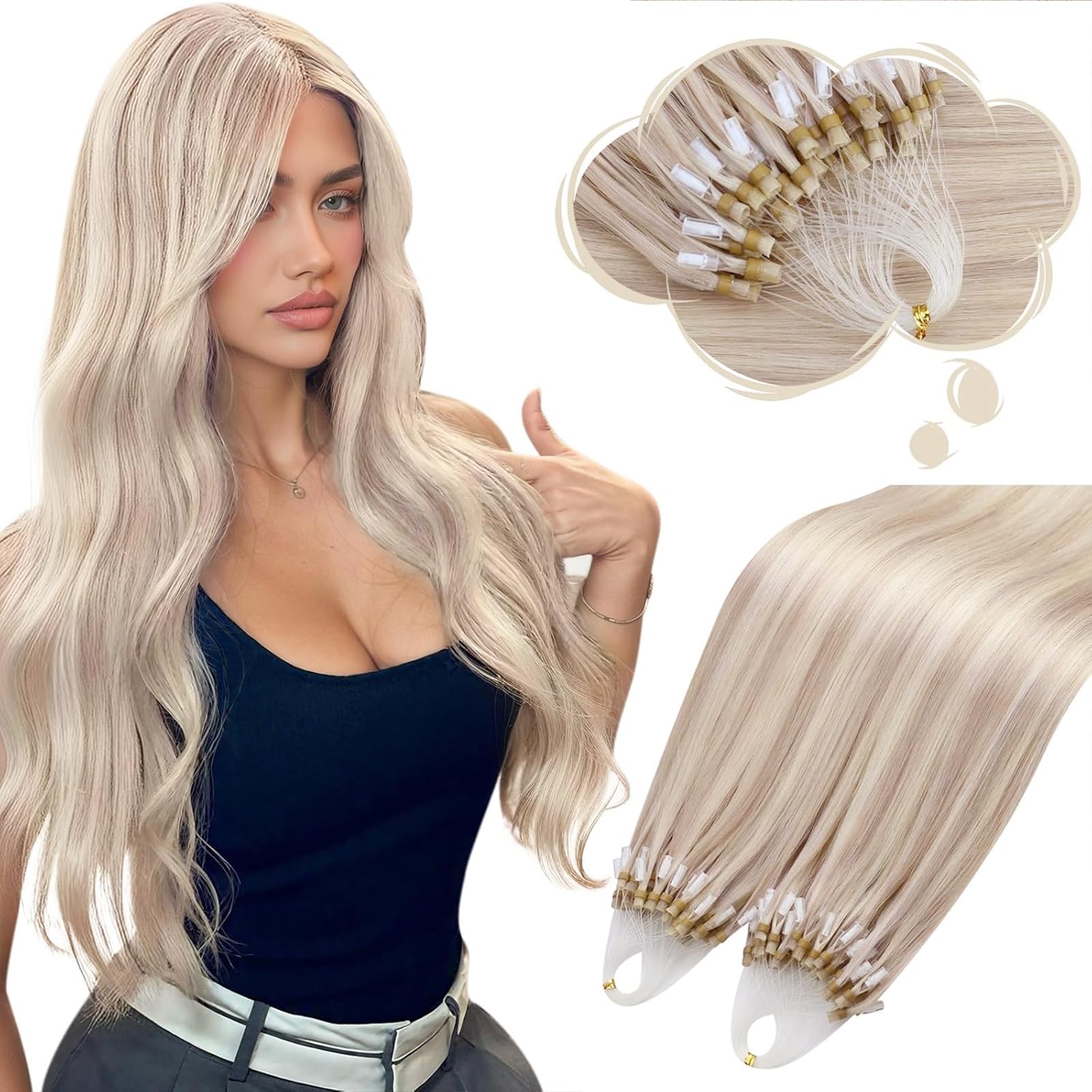 Moresoo Micro Loop Hair Extensions Real Human Hair 16 Inch Ash Blonde with Bleached Blonde for Women Micro Beads Hair Extensions Remy Human 1G/Strand 50g/Pack #P18/613 — image 1