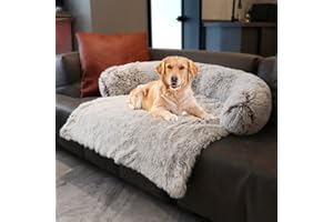 Dekeyoo Pet Couch Protector, Waterproof Calming Dog Bed Plush Mat, Pet Furniture Cover with Soft Neck Bolster, Machine Washable Gradient Brown Medium