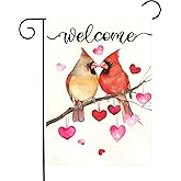 Dacawin Welcome Valentine's Day Garden Flag Cardinal Love Heart Vertical Polyester Double Sided Yard Flags Holiday Anniversary Wedding Red Birds House Banner Farmhouse Valentines Day Decor 12x18 Inch