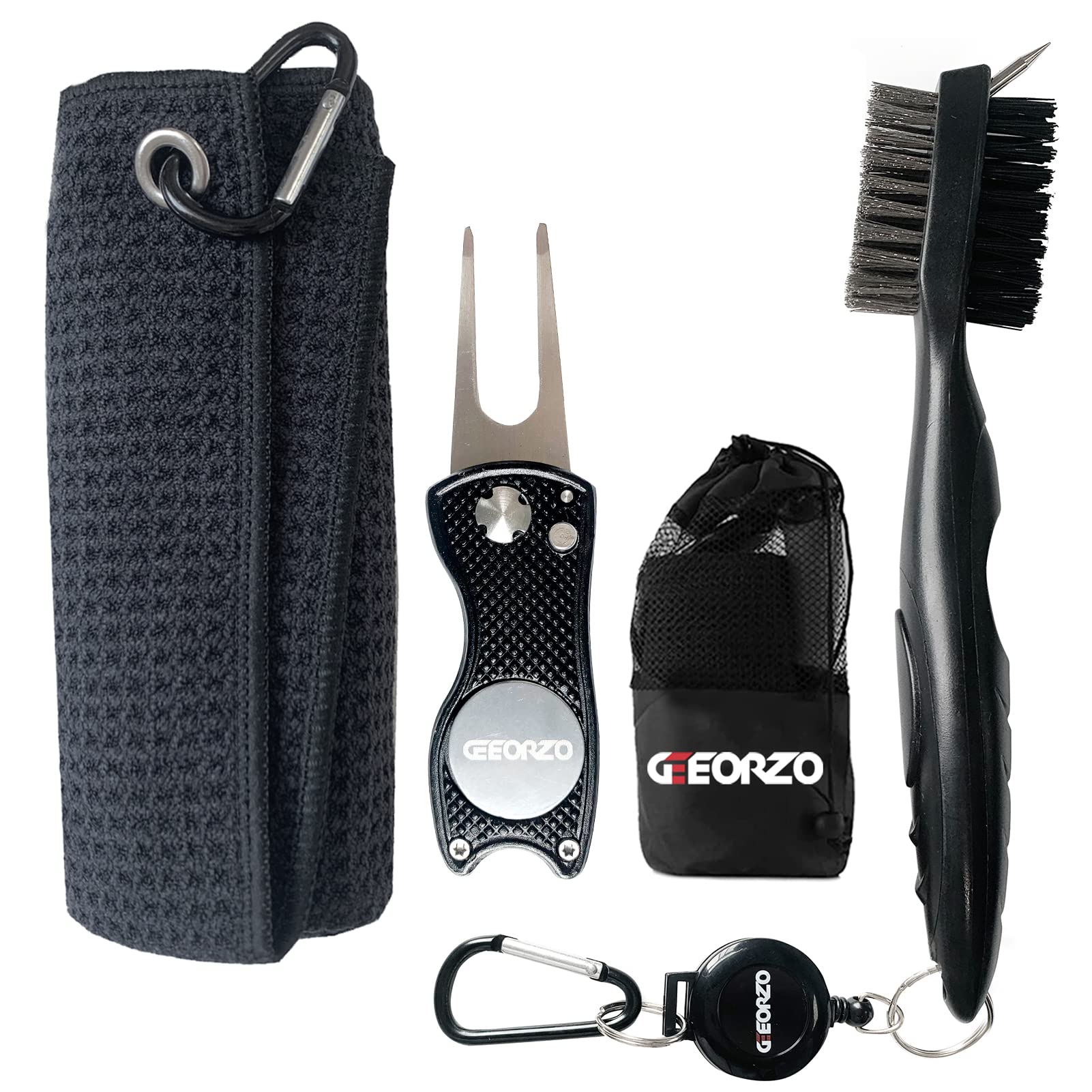 Geeorzo Golf Accessories, Retractable Golf Club Brush, Foldable Golf Divot Repair Tool, Microfiber Golf Towel for Golf Bags with Clip (Black)