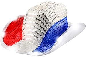 CAYSEP Red White and Blue Sequin-Light-Up-LED-Cowboy-Hat for Women Men - LED Light-Up Cowboy Hat with White LED Brim