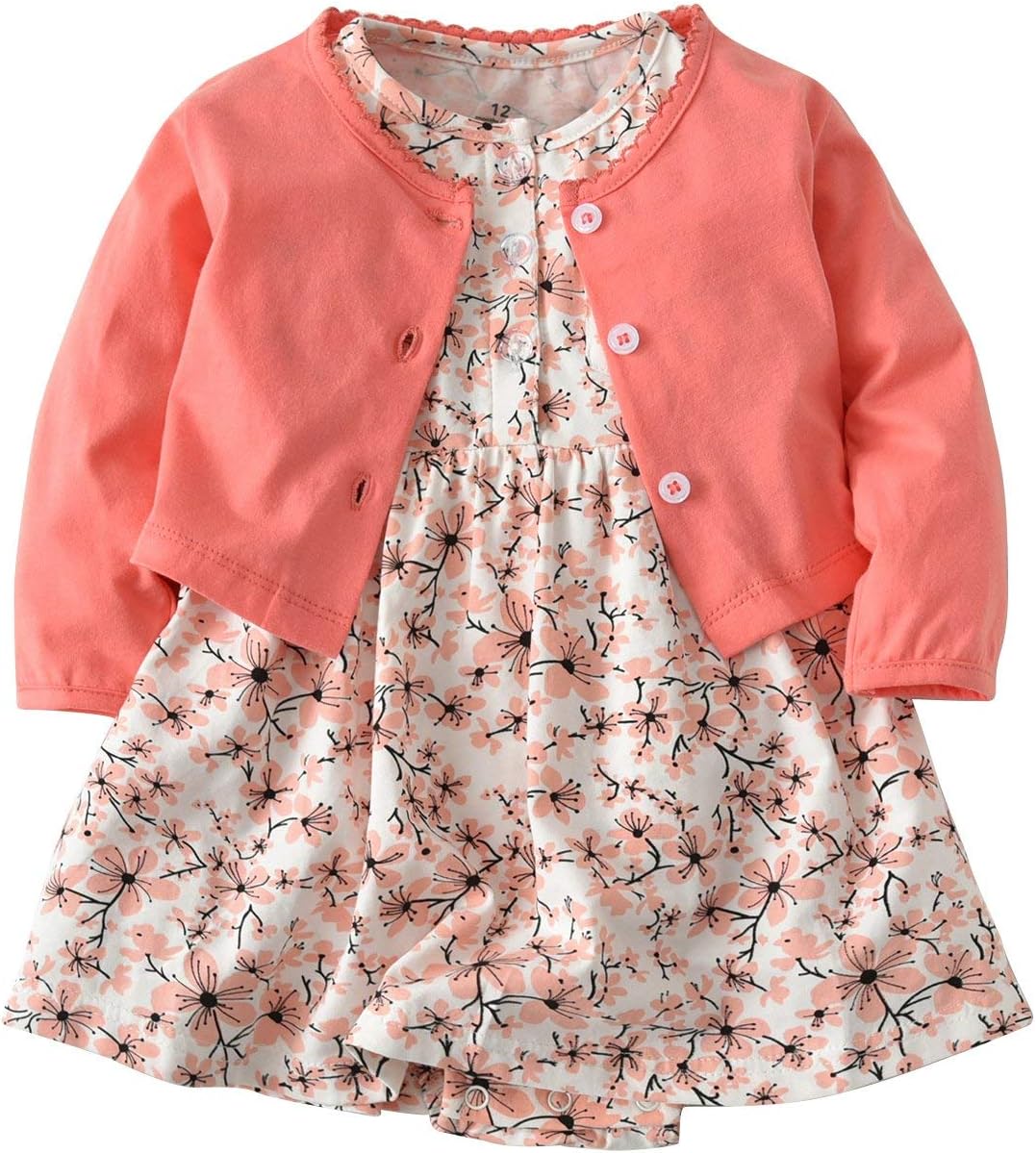Baby Girls Dress Set,Long Sleeve Cardigan Coat+Floral Toddler Romper Dresses 2 Piece Set