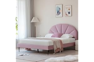 VELOCAVA Pink Bed Frame Queen Size, Heavy Duty Upholstered Bed with Unique Headboard, Soft Velvet Platform Bed with Strong Wooden Slats Support, No Box Spring Needed, Easy to Assemble