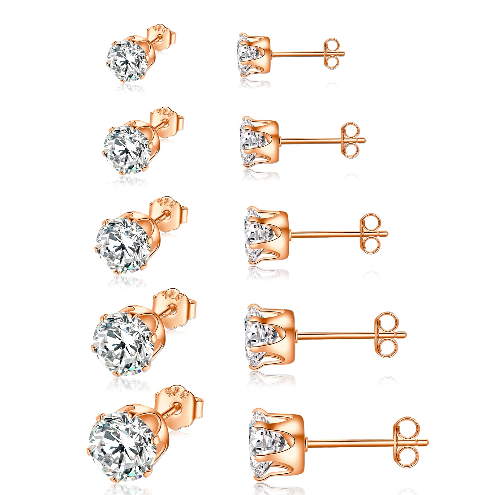Shuxin Silver Stud Earrings for Women, 925 Sterling Silver Rose Gold Zirconia Stud Earrings Set, Tiny Small Sleeper Cartilage Studs, Sterling Silver Stud Earrings for Women Men, 3/4 / 5/6 / 7mm