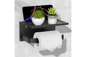 HITSLAM Toilet Paper Holder with Phone Shelf Matte Black, Adhesive or Screw Wall Mount Toilet Paper Roll Holder, Rustproof Stainless Steel Toilet Tissue Holder for Bathroom, Kitchen