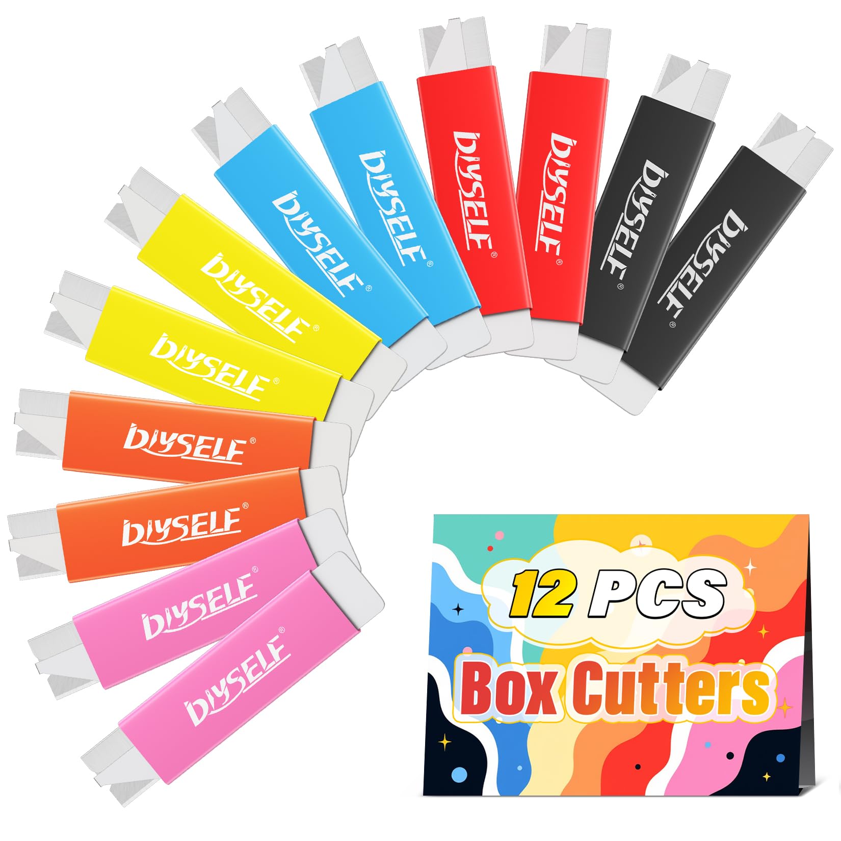 Photo 1 of DIYSELF Box Cutters 12 Pack, Utility Knife, Box Cutter Retractable with Razor Blade, Box Opener for Package, Utility Knives for Office, School, Home, Flat Box Cutter for Women, Letter Opener for Mail