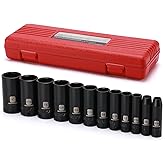MIXPOWER 12 Pieces 3/8-Inch Drive Deep Impact Socket Set, 5/16 to 1 inch, CR-V, SAE, 6 Point, Deep, 12 Pieces 3/8" Dr. Socket